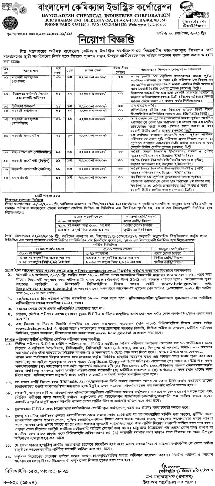 Bangladesh Chemical Industries Corporation Job Circular 2021  