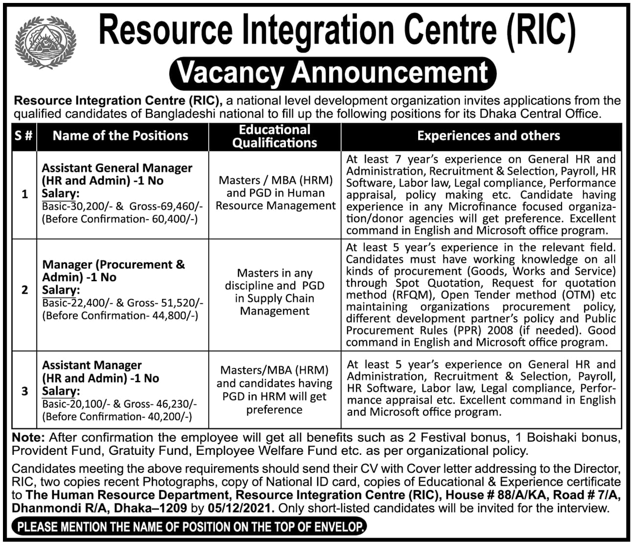 Resource Integration Center RIC Job Circular 2021 
